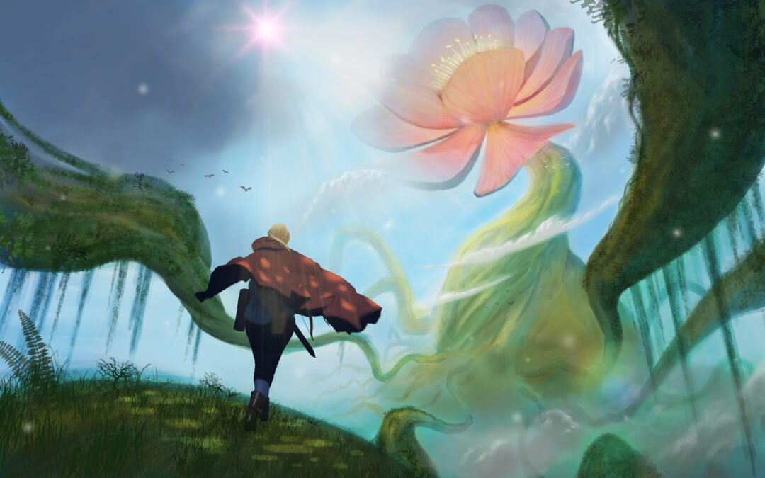 Illustration réalisé à l'aide de Photoshop représentant un personnage se dirigeant vers une plante géante