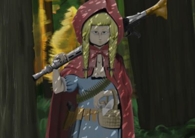 Illustration réalisé à l'aide de Photoshop représentant le petit chaperon rouge marchant à travers la forêt et lourdement armé