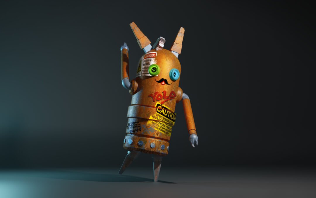 Robot réalisé à l'aide de Blender et Photoshop, dans un style simpliste. L'ajout des textures a été fait sur Photoshop